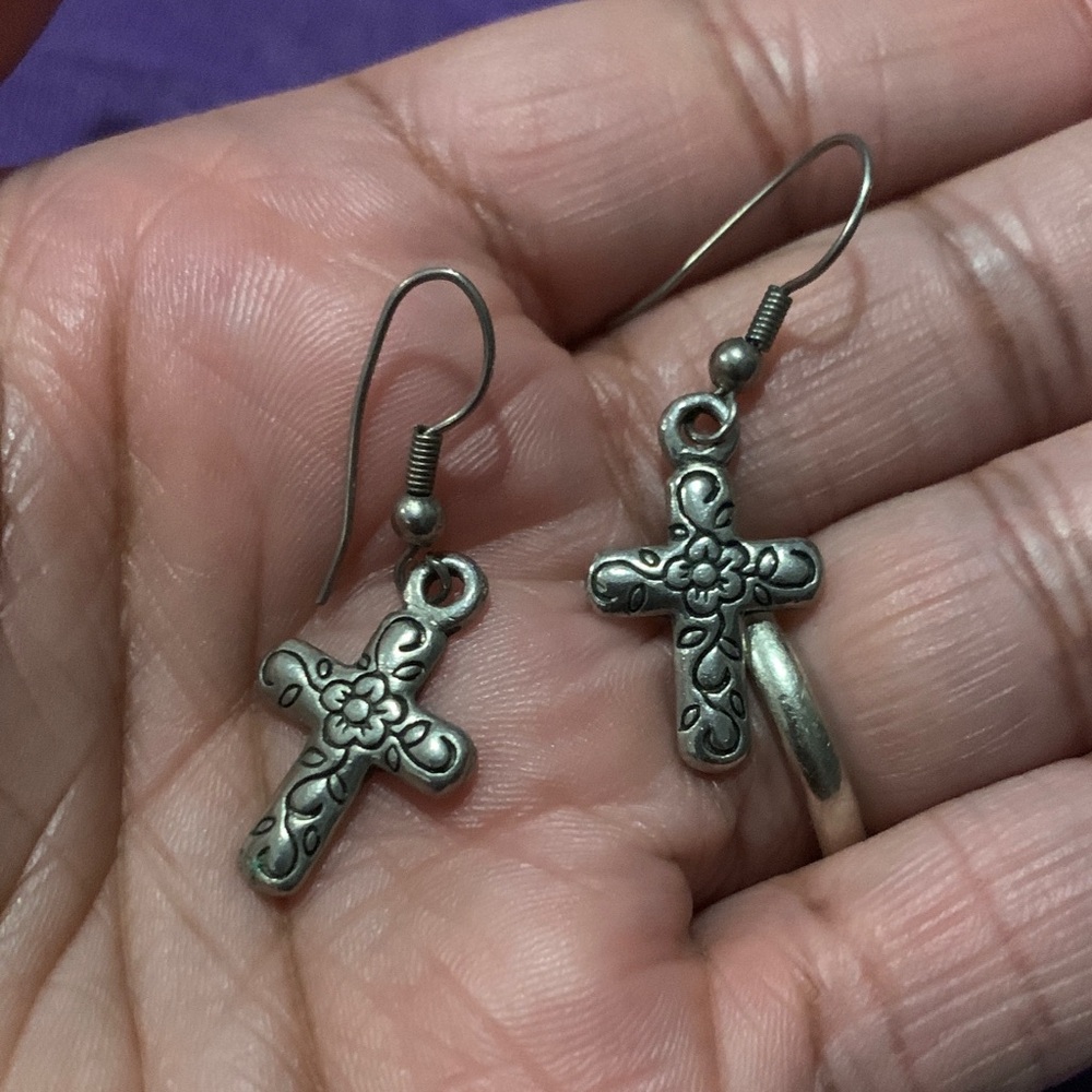 Vintage Floral Cross Drop Earrings - Silver-Tone